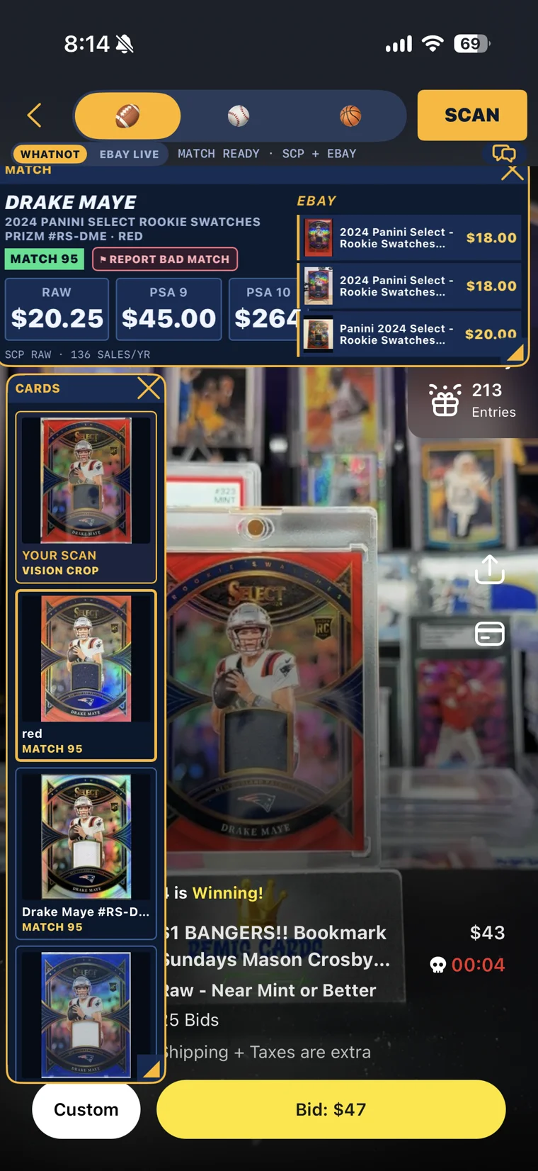 WhatNow running on iPhone during a live card show — a Drake Maye 2024 Panini Select Rookie Swatches Red identified at 95 match, showing raw $20.25, PSA 9 $45, PSA 10 $264 with live eBay comps beside the auction